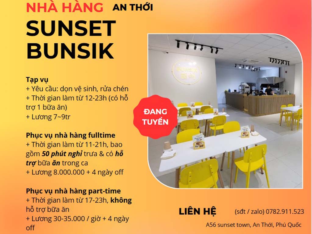 Nhà hàng Sunset Bunsik tuyển dụng việc làm