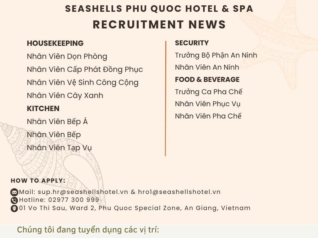 Khách Sạn SeaShells Phú Quốc Tuyển Dụng Gấp