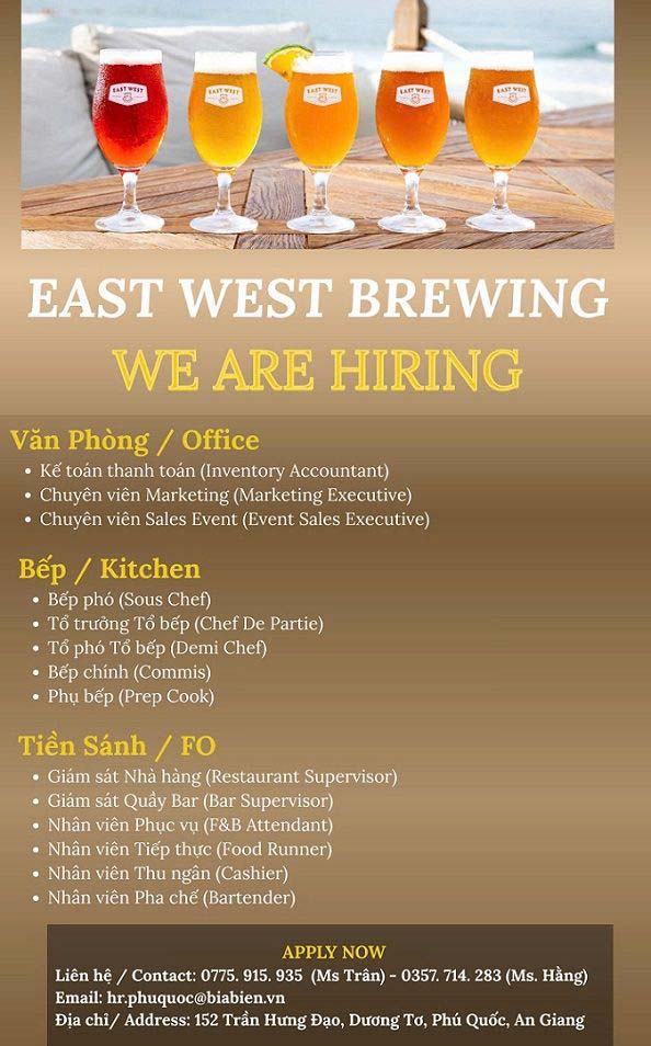 East West Brewing Phú Quốc Tuyển Dụng Nhiều Vị Trí F&B – Lương Tốt, Phúc Lợi Đầy Đủ