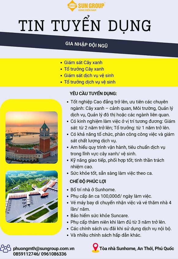 Sun Group Phú Quốc Tuyển Gấp Giám Sát – Tổ Trưởng Cây Xanh & Dịch Vụ Vệ Sinh