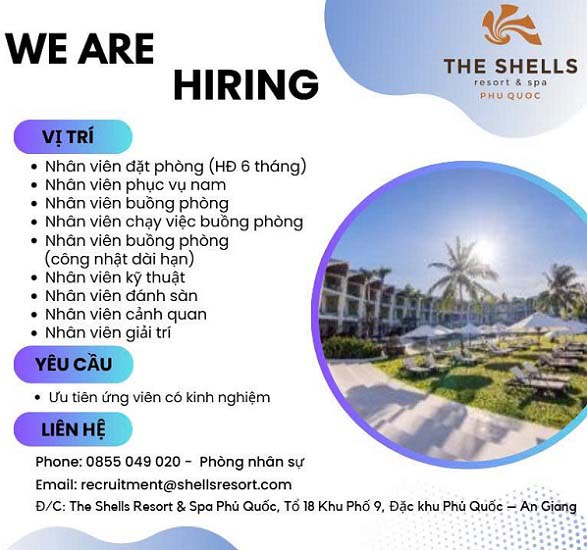 The Shells Resort & Spa Phú Quốc Tuyển Dụng Nhiều Vị Trí Khách Sạn Mới Nhất